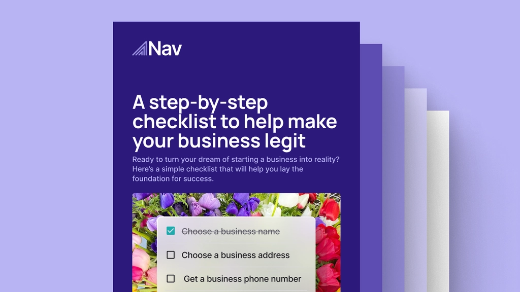 Nav guide cover titled “A step-by-step checklist to help make your business legit” with checklist graphics and floral background.